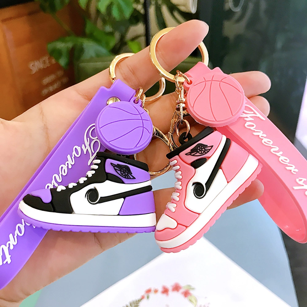 Fashion 3D PVC Rubber Aj Shoe Basketball Sneakers Keychain Wholesale Key Bag Doll Pendant Key Ring with Wrist Strap Girl Gift